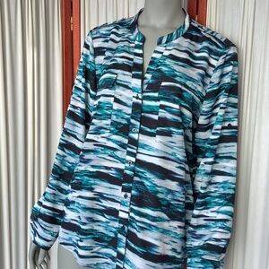 Calvin Klein Womens XL Button Down Blouse Roll Tab Sleeve Blue Green Abstract